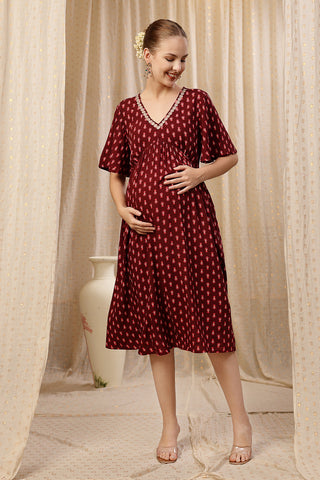 All Over Printed Concealed Zip Feeding Maternity Dress Front View - Rust Brown Rayon Maternity Dress with Feeding Zips