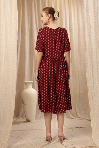 Close Up of Rayon Fabric Detail on All Over Printed Concealed Zip Feeding Maternity Dress