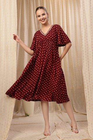 Back View of All Over Printed Concealed Zip Feeding Maternity Dress - Flattering Silhouette for Pregnancy