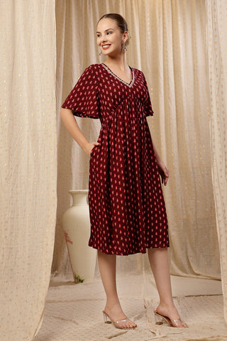Practical Rayon Feeding Dress with Pockets - All Over Printed Concealed Zip Feeding Maternity Dress