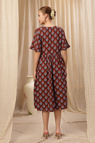 Close Up of Rayon Fabric Detail on All Over Printed Concealed Zip Feeding Maternity Dress