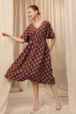 All Over Printed Concealed Zip Feeding Maternity Dress Front View - Brown Rayon Maternity Dress with Feeding Zips