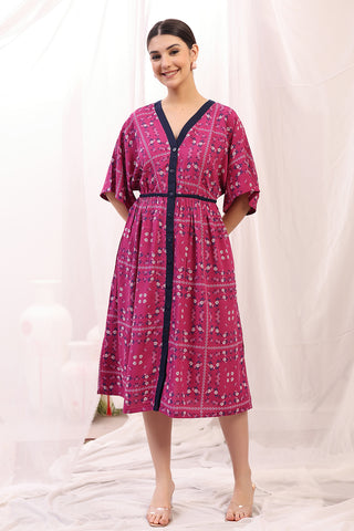 Floral Printed Zipless Feeding Shirtdress Front View - Pink Rayon Maternity Dress with Feeding Zips & Pockets