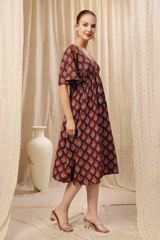 Back View of All Over Printed Concealed Zip Feeding Maternity Dress - Flattering Silhouette for Pregnancy