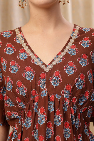 Stylish Brown Maternity Wear - All Over Printed Concealed Zip Feeding Maternity Dress for New Moms