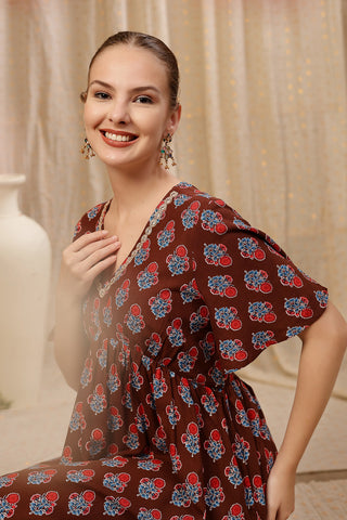 Soft Rayon Texture of All Over Printed Concealed Zip Feeding Maternity Dress - Breathable & Comfy