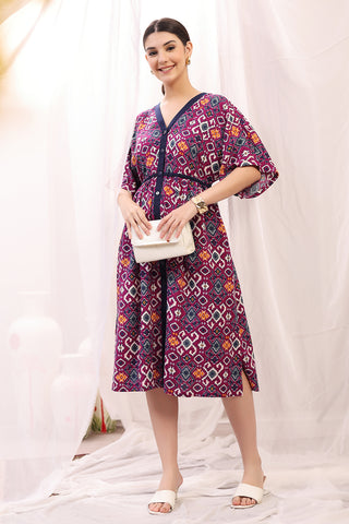 Floral Printed Zipless Feeding Shirtdress Front View - Multi Rayon Maternity Dress with Feeding Zips & Pockets