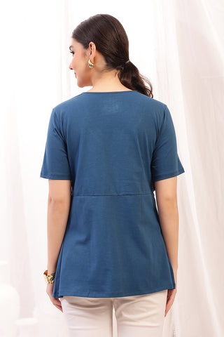 Close-up of airforce Maternity Tops showing Long Zip for easy nursing access.
