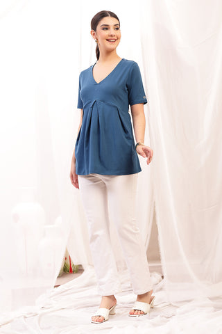 Side or angle view of Pleated Cotton Maternity Nursing Top - Airforce showing the Maternity Tops silhouette and fit.