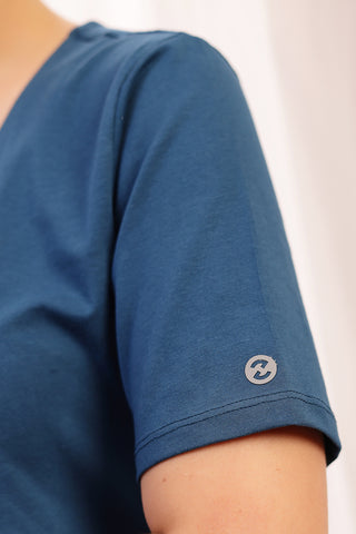 New mom wearing airforce Maternity Tops; shows flattering post-delivery fit and Long Zip.