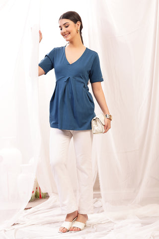 Pleated Cotton Maternity Nursing Top - Airforce shown from alternate angle, highlighting comfort for all-day wear.