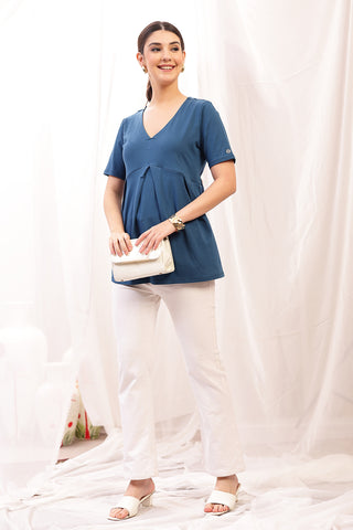 Detailed view of Pleated Cotton Maternity Nursing Top - Airforce Long Zip access and Cotton construction.