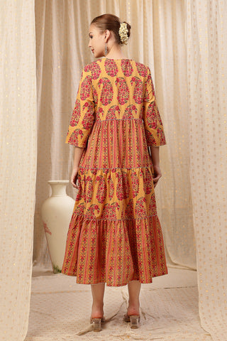 Detailed shot of the Cotton fabric and color/print of the Ethnic Cotton Tiered Kurti for Feeding Kurti.