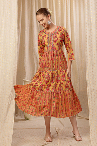 Side profile of the Ethnic Cotton Tiered Kurti for Feeding Kurti, demonstrating the comfortable A-line fit for pregna...