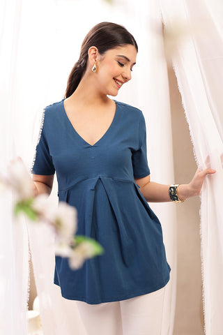 Detail shot of Cotton fabric; shows stretch and airforce color/print.