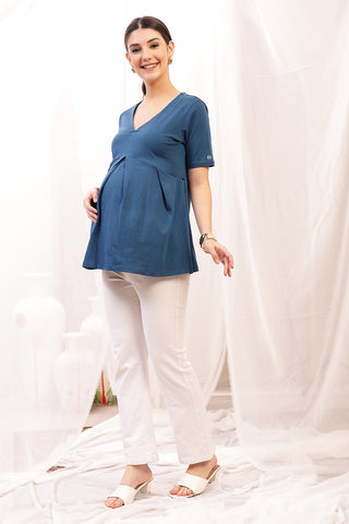 Close-up texture of Pleated Cotton Maternity Nursing Top - Airforce in airforce, showing the soft Cotton fabric.