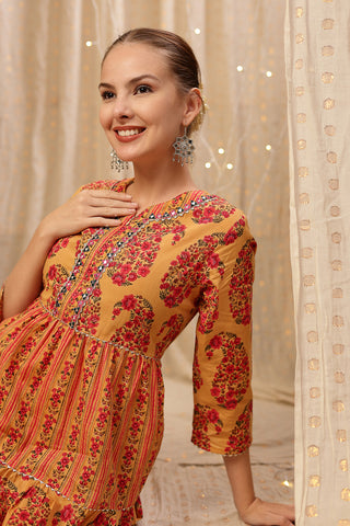 Detailed shot of the sleeves and cuff design on the Ethnic Cotton Tiered Kurti for Feeding Kurti.