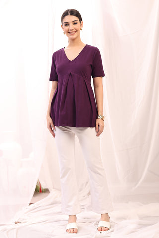 Alternate detail view of Pleated Cotton Maternity Nursing Top - Plum in wine, highlighting Long Zip.