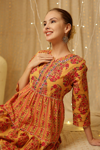 Full view of the Ethnic Cotton Tiered Kurti for Feeding Cotton Kurti on a model, highlighting its A-line fit and length.