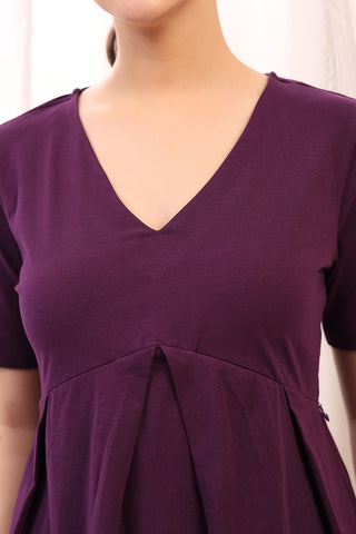Interior view of Pleated Cotton Maternity Nursing Top - Plum showing Long Zip.