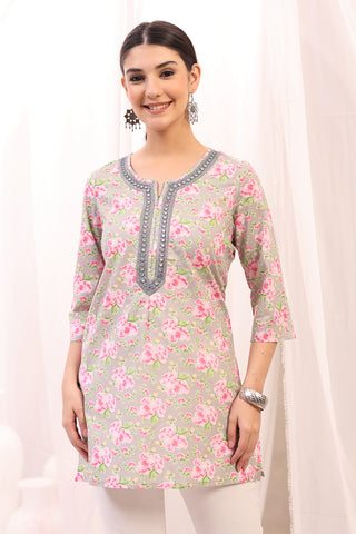 Embroidered Floral Maternity Top with Zip Feeding - Pink in pink made with soft Rayon fabric.