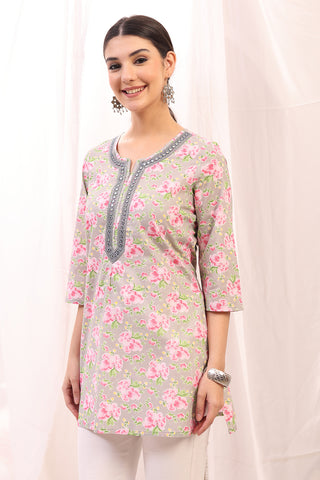 Styling detail of Embroidered Floral Maternity Top with Zip Feeding - Pink, highlighting pink print and Maternity Tops design.