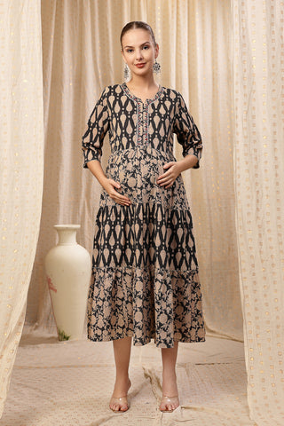 Ethnic Cotton Tiered Maternity Kurti for Feeding - Plum
