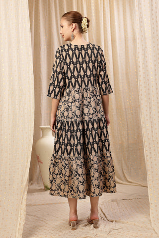 Detailed shot of the Cotton fabric and color/print of the Ethnic Cotton Tiered Kurti for Feeding Kurti.