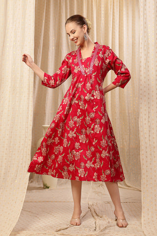 Model action shot of the Embroidered Floral Foil Kurta Set, demonstrating ease of movement and fit.