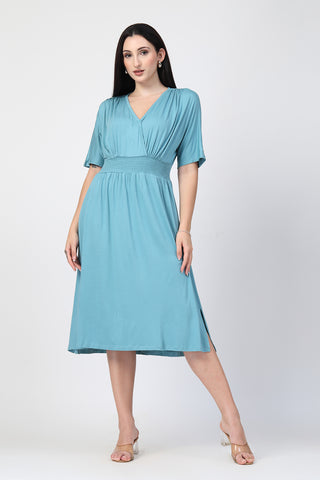 Stylish Green Maternity Wear - Sea Green Solid Smocked Waist Zipless Feeding Dress for New Moms