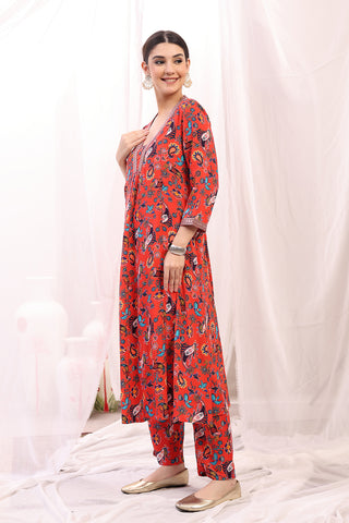 Close-up of the Embroidered Zip Kurta-Pant pattern and soft Rayon fabric texture.