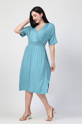 House of Zelena Sea Green Solid Smocked Waist Zipless Feeding Dress - Trusted by Mothers for Quality