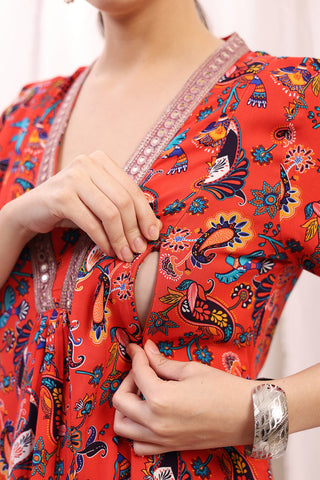 Full-length shot of model wearing the Embroidered Zip Kurta-Pant Kurta Set. Emphasizes the comfortable Relaxed Maternity.