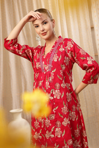 High-quality image of the Rayon texture and finish of the Embroidered Floral Foil Kurta Set.