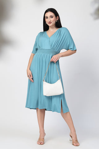 Back View of Sea Green Solid Smocked Waist Zipless Feeding Dress - Flattering Silhouette for Pregnancy