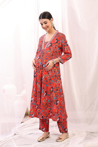 Side profile of the Embroidered Zip Kurta-Pant Kurta Set, showing the smooth drape of the Rayon fabric.