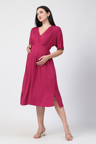 Deep Rose Solid Smocked Waist Zipless Feeding Dress Front View - Stylish Soft Maternity Dress with Feeding Zips