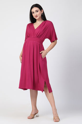 Stylish Stylish Maternity Wear - Deep Rose Solid Smocked Waist Zipless Feeding Dress for New Moms