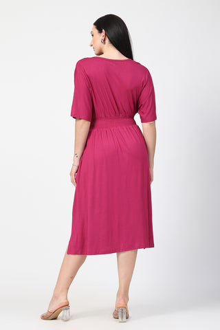 Close Up of Soft Fabric Detail on Deep Rose Solid Smocked Waist Zipless Feeding Dress