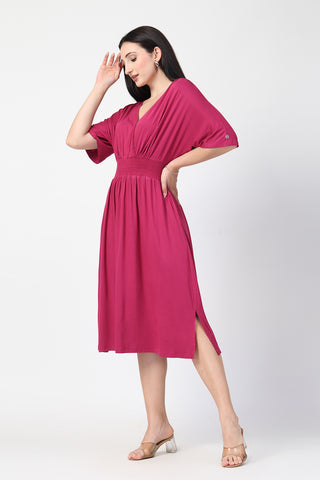 Woman wearing Deep Rose Solid Smocked Waist Zipless Feeding Dress in Stylish - Pre & Post Pregnancy