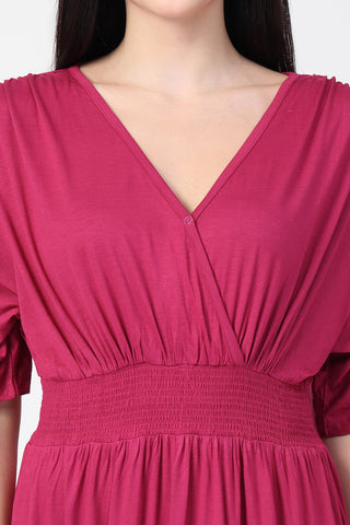 Soft Soft Texture of Deep Rose Solid Smocked Waist Zipless Feeding Dress - Breathable & Comfy