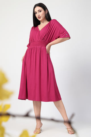 Back View of Deep Rose Solid Smocked Waist Zipless Feeding Dress - Flattering Silhouette for Pregnancy