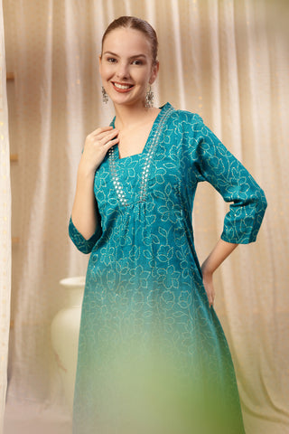 High-quality image of the Rayon texture and finish of the Embroidered Floral Foil Kurta Set.
