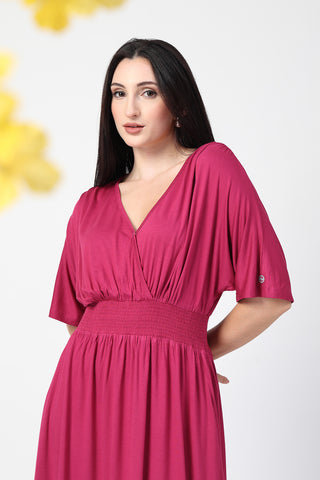 Deep Rose Solid Smocked Waist Zipless Feeding Dress Front View - Stylish Soft Maternity Dress with Feeding Zips