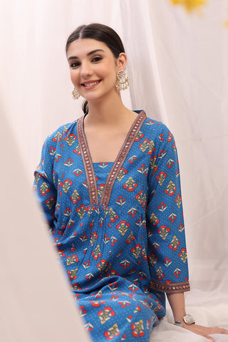 Close-up of the Embroidered Zip Kurta-Pant pattern and soft Rayon fabric texture.