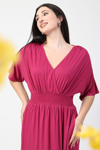 Detail of Hidden Feeding Zips & Pockets on Deep Rose Solid Smocked Waist Zipless Feeding Dress for Breastfeeding