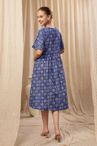 Close Up of Rayon Fabric Detail on All Over Printed Concealed Zip Feeding Maternity Dress