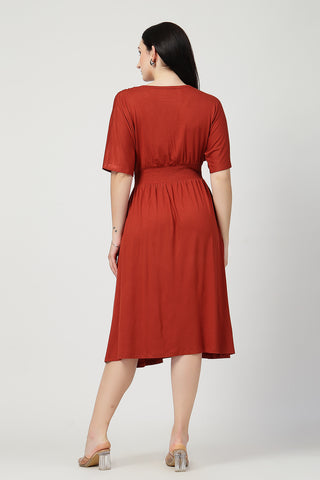 Close Up of Soft Fabric Detail on Rust Solid Smocked Waist Zipless Feeding Dress