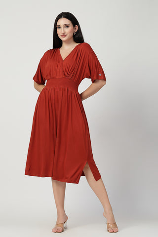 Stylish Stylish Maternity Wear - Rust Solid Smocked Waist Zipless Feeding Dress for New Moms