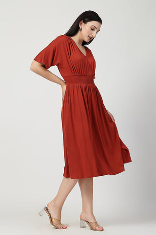 House of Zelena Rust Solid Smocked Waist Zipless Feeding Dress - Trusted by Mothers for Quality